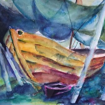 Trudi Sommer-Knuppertz - Boote im Unterstand 80x56 cm Aquarell